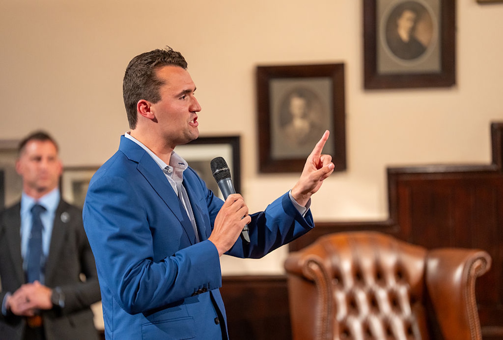 Charlie Kirk debates with students at the Cambridge Union at the University of Cambridge on May 19, 2025. (Nordin Catic/Getty Images for The Cambridge Union)