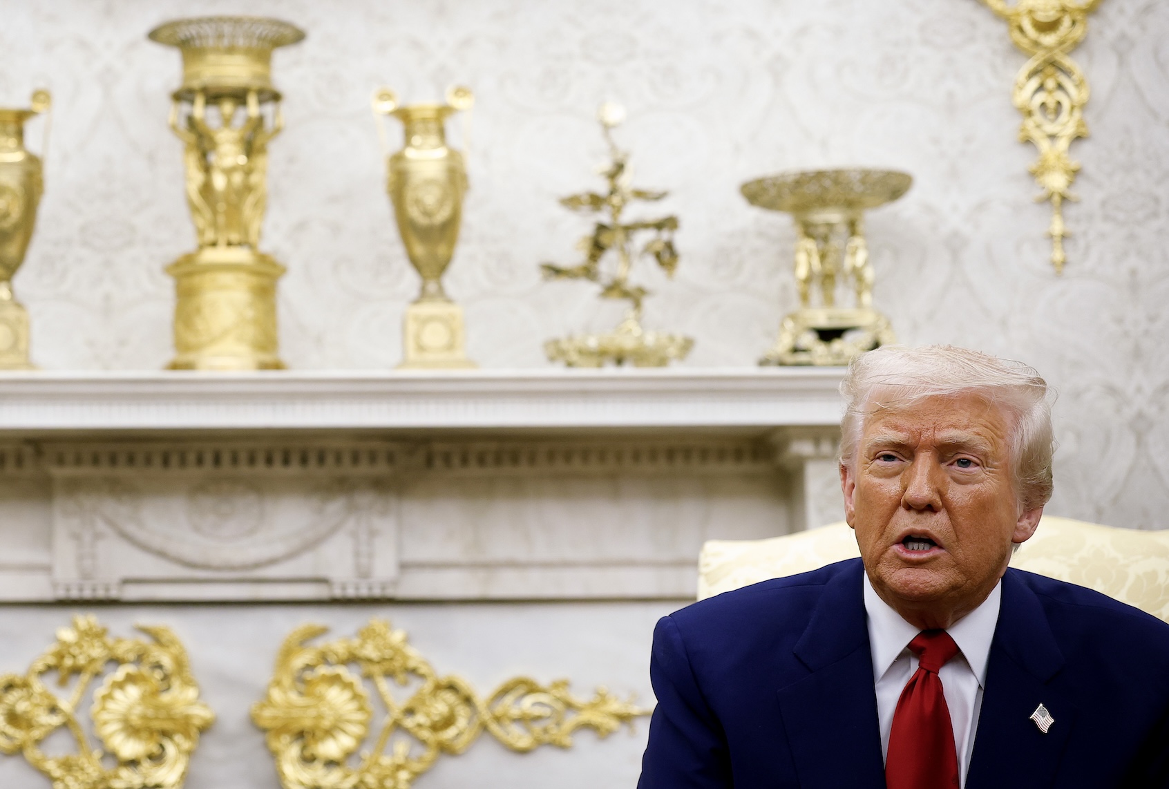 President Donald Trump speaks in the newly decorated Oval Office on April 7, 2025. (Kevin Dietsch/Getty Images)