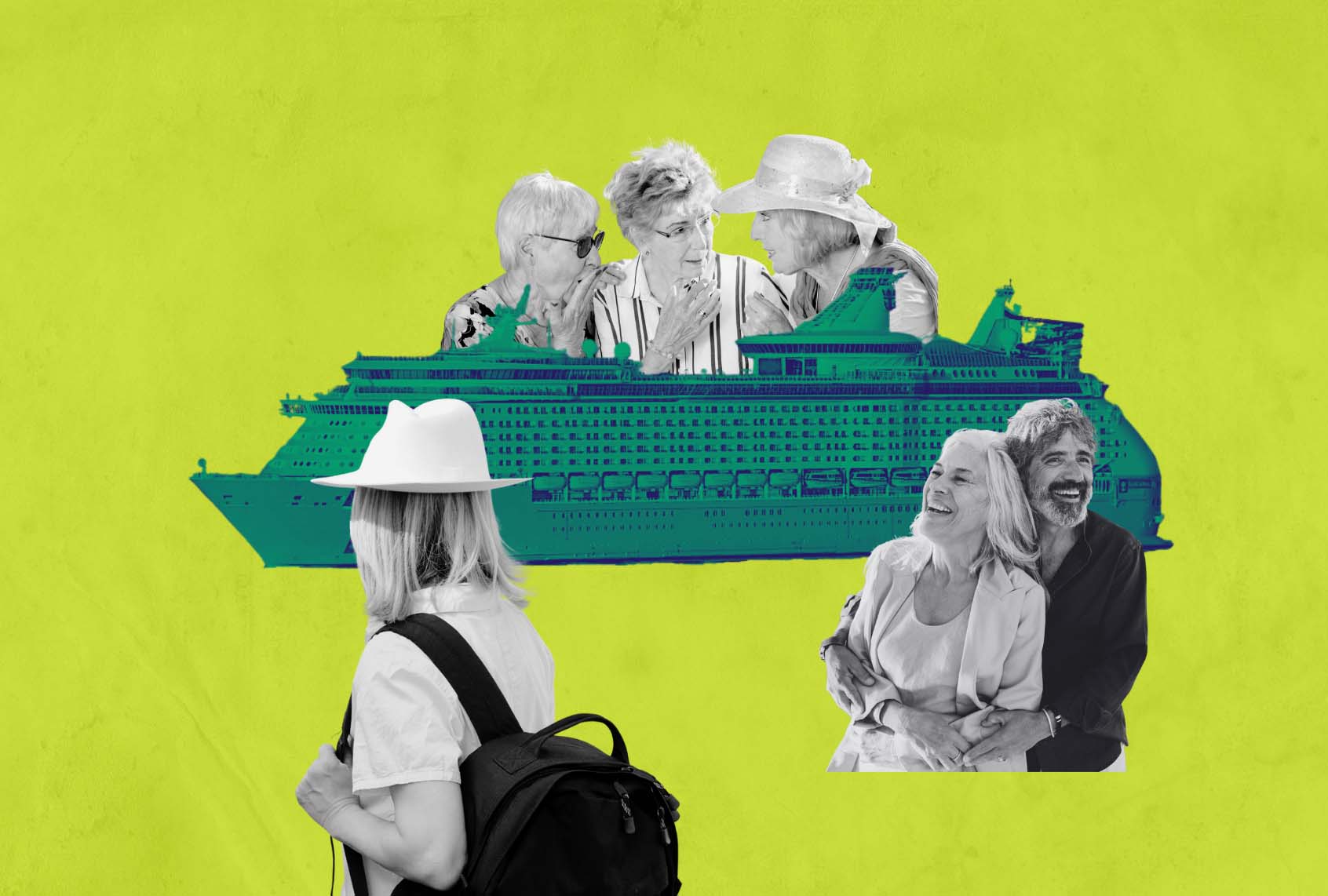 An illustration of a solo traveler in front of a cruise ship with images of older passengers (Photo illustration by Salon / Getty Images / Lisa-Blue / Horsche / SOPA Images / RgStudio)