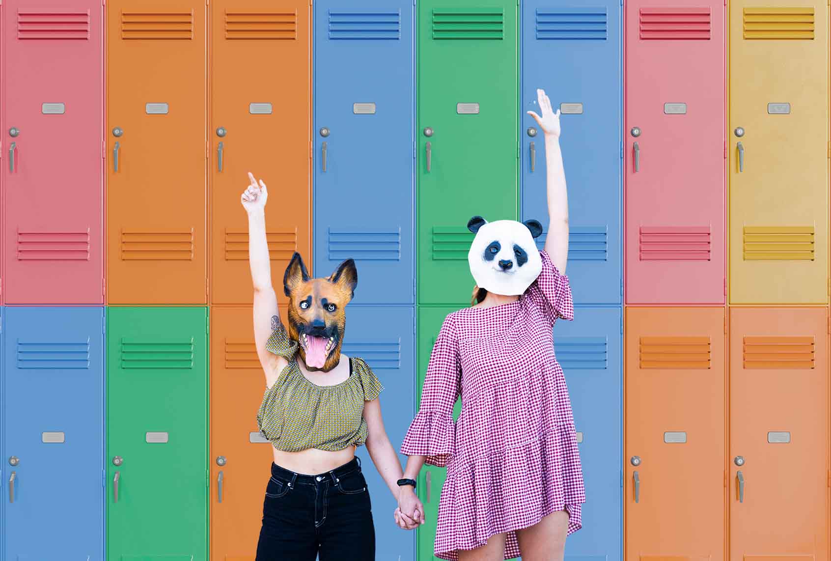 Teenage girls dressed in costumes with colorful school lockers in the background (Photo Illustration by Salon / Getty Images / AntonioSolano / Westend61)