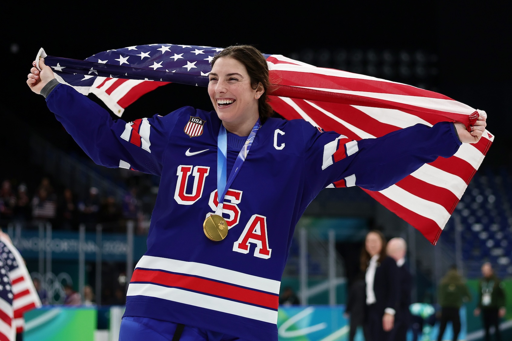 Gold medalist Hilary Knight #21 of Team United States celebrates after the medal ceremony for Women's Ice Hockey after the Women's Gold Medal match between the United States and Canada on day 13 of the Milano Cortina 2026 Winter Olympic games at Milano Santagiulia Ice Hockey Arena on February 19, 2026 in Milan, Italy. (Photo by Andreas Rentz/Getty Images)