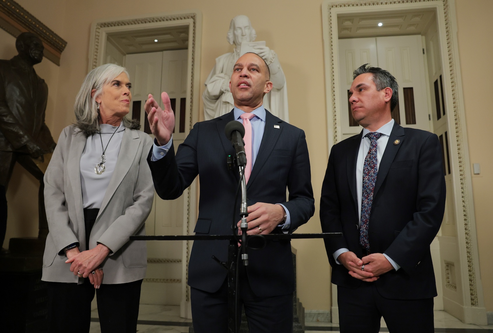 WASHINGTON, DC - JANUARY 8:  U.S. House Minority Leader Hakeem Jeffries (D-NY) speaks alongside Rep. Pete Aguilar (D-CA) (R) and Rep. Katherine Clark (D-MA) during a news conference after a vote on healthcare subsidies at the U.S. Capitol on January 8, 2026 in Washington, D.C. The House of Representatives passed legislation for a three year extension of expired health care subsidies for those who get coverage through the Affordable Care Act. The legislation will now go to the Senate. (Photo by Anna Moneymaker/Getty Images)