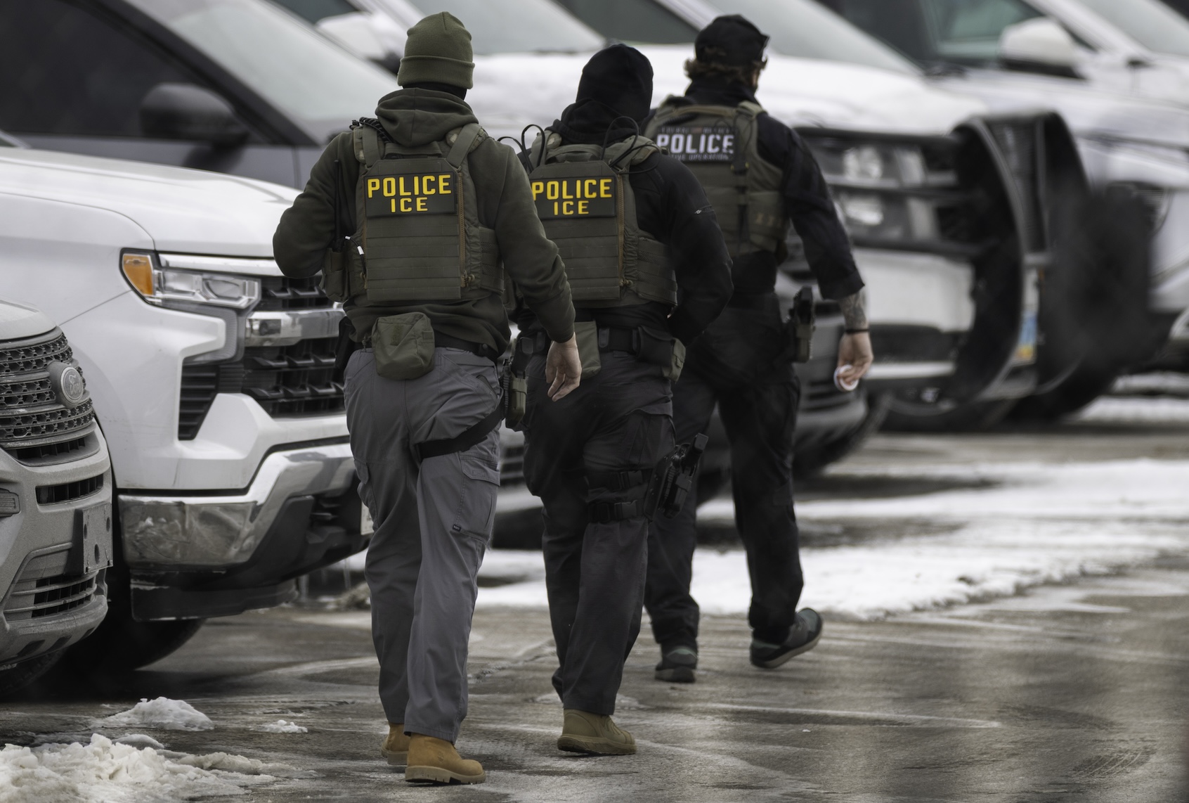 ICE officers depart the Bishop Henry Whipple Federal Building on February 4, 2026 in Minneapolis, Minnesota. (Photo by John Moore/Getty Images)