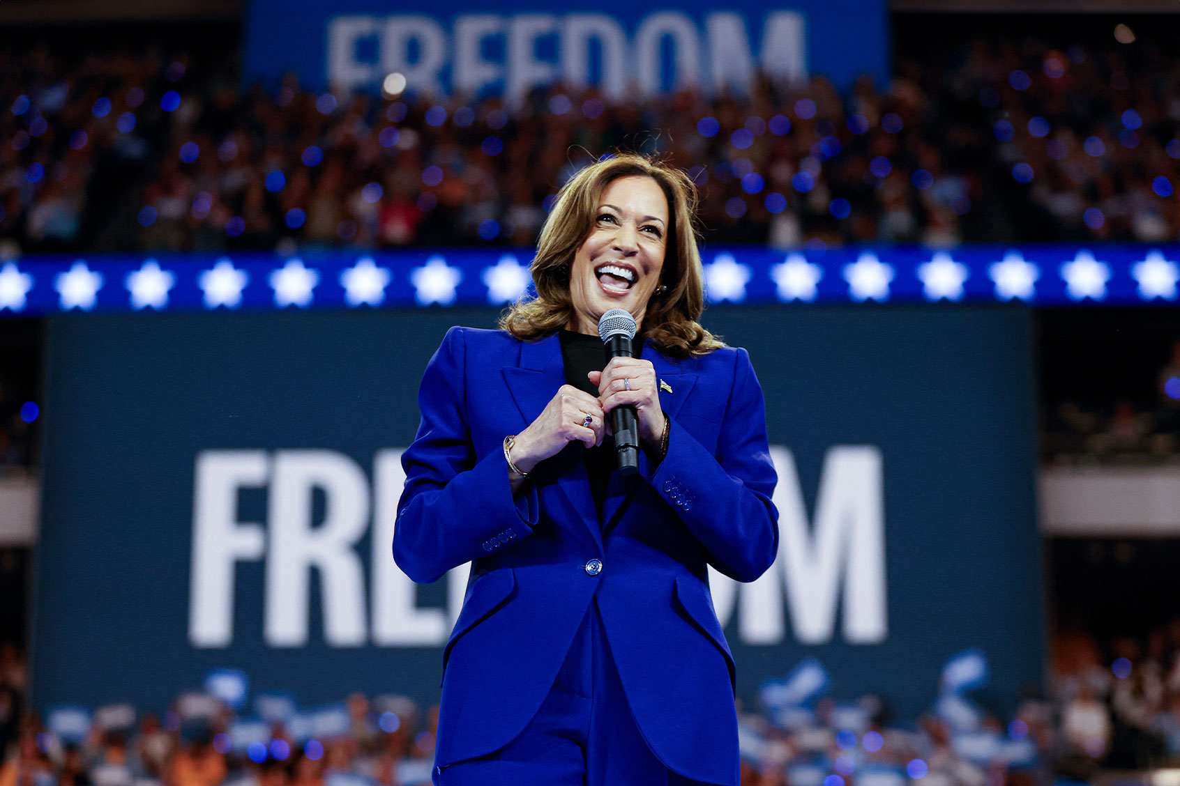 US Vice President and 2024 Democratic presidential candidate Kamala Harris speaks at the campaign rally at the Fiserv Forum in Milwaukee, Wisconsin, August 20, 2024. (KAMIL KRZACZYNSKI/AFP via Getty Images)