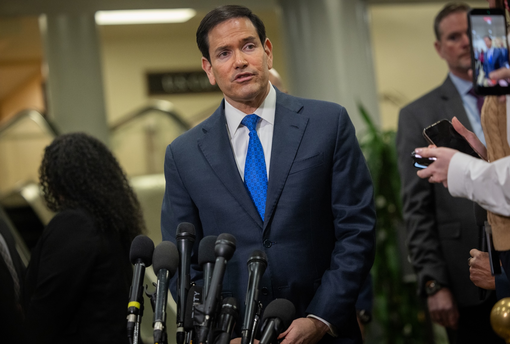 Secretary of State Marco Rubio speaks to reporters ahead of a briefing by Trump administration officials to members of the Senate on U.S. strikes on Iran, at the U.S. Capitol in Washington, DC on March 3, 2026. (Photo by Nathan Posner/Anadolu via Getty Images)