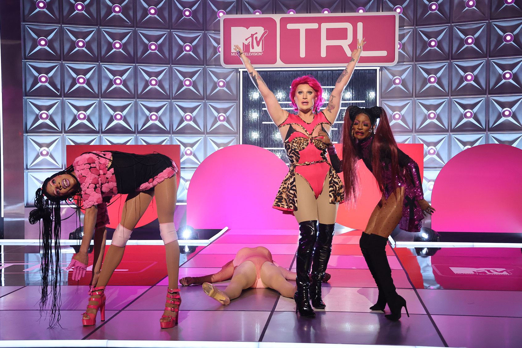 Yvie Oddly, Jinkx Monsoon, The Vivienne, and Jaida Essence Hall in the "Total Ru-quest Live" episode of "RuPaul's Drag Race All Stars" (World of Wonder/Paramount+)
