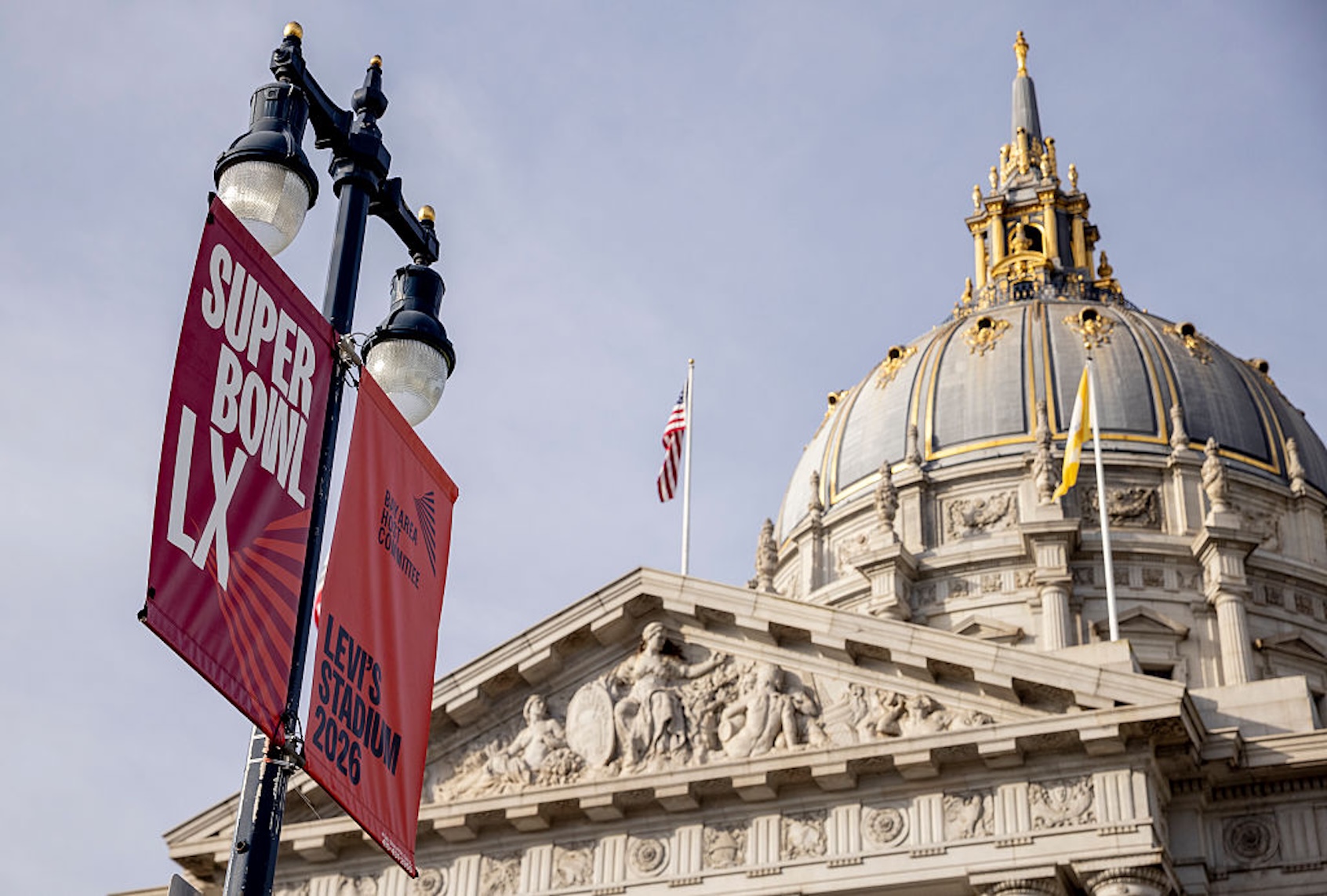 A Super Bowl LX sign at Civic Center Plaza in San Francisco (Stephen Lam/San Francisco Chronicle via Getty Images)