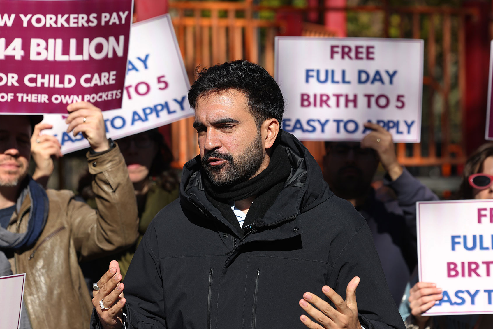 Assemblymember Zohran Mamdani speaks during a press conference on Universal Child Care at Columbus Park Playground on November 19, 2024 in New York City. (Michael M. Santiago/Getty Images)